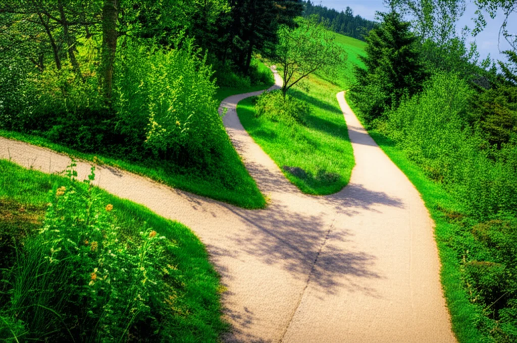 Wide-angle landscape photography, 10mm wide angle, sharp focus, depicting multiple diverging paths in a natural setting, symbolising different life trajectories and choices.