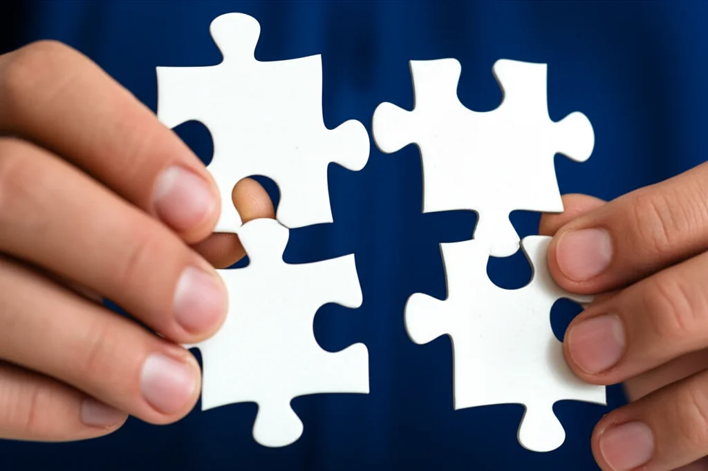 Object photography, Macro lens, 100mm, high detail, controlled lighting, showing hands gently holding interconnected puzzle pieces, symbolising the complexity and integration needed for support systems.