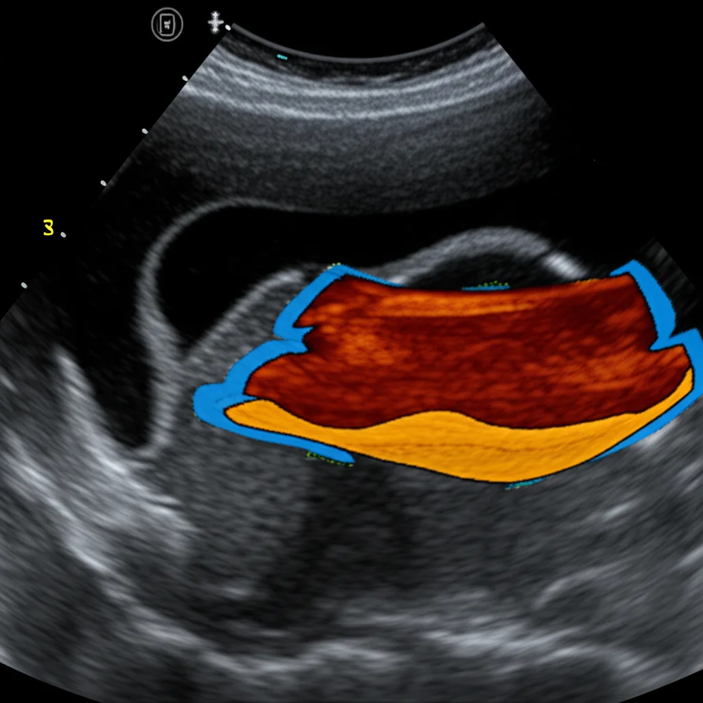 Close-up medical image showing a segmented thoracolumbar fascia within an ultrasound scan, highlighting different tissue layers. Macro lens, high detail, precise focusing, controlled lighting.