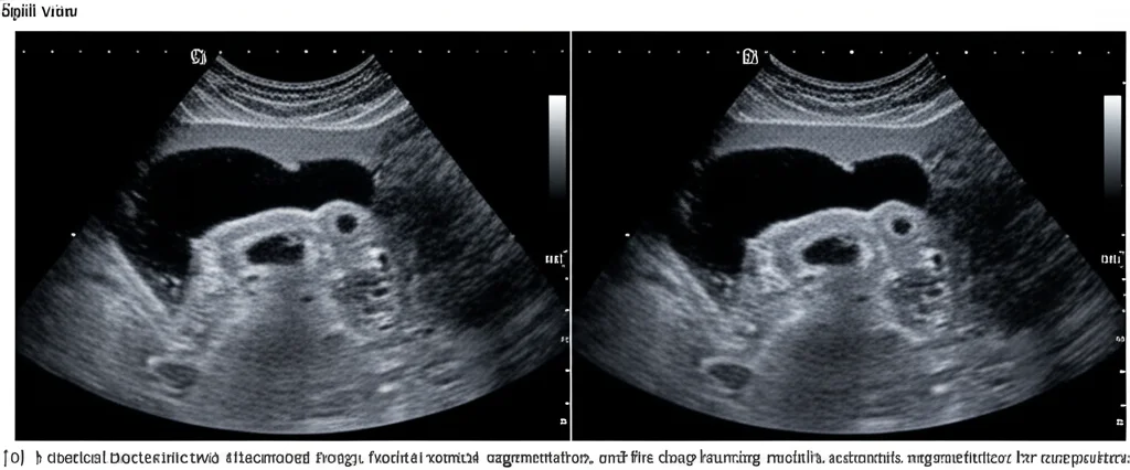 Split view showing original medical ultrasound image of the back fascia, expert manual segmentation, and the deep learning model's automatic segmentation for comparison. High detail, precise focusing, controlled lighting.