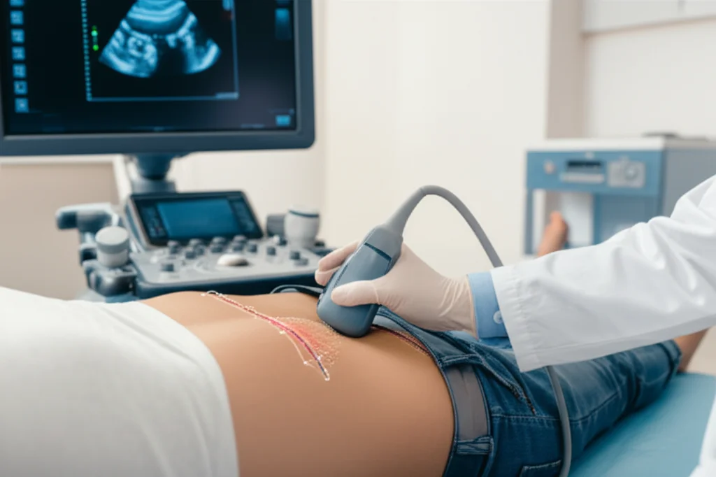 Conceptual image showing a medical professional using an ultrasound machine on a patient's back, with an overlay suggesting AI segmentation is happening in real-time on the screen. Portrait photography, 35mm lens, depth of field.