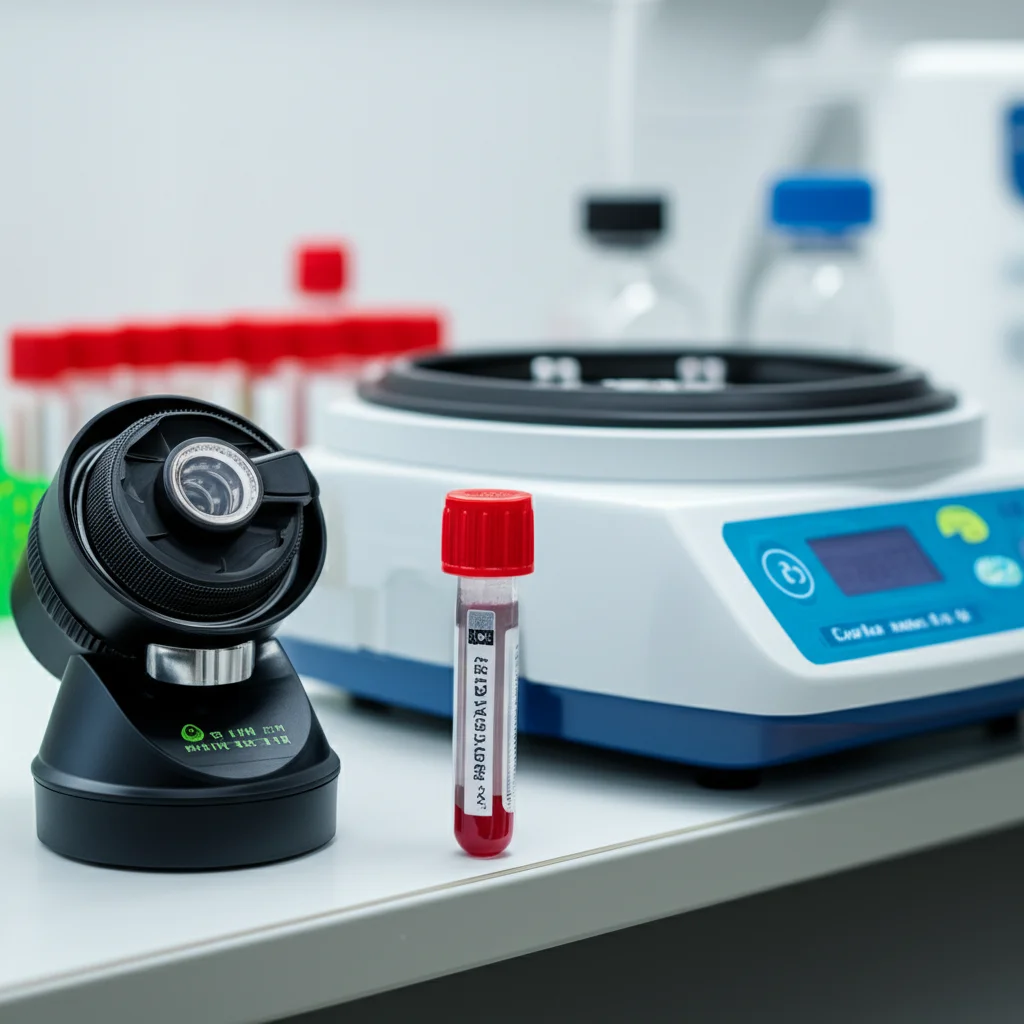 Macro lens, 105mm, high detail, precise focusing, controlled lighting photo of a laboratory bench with a positive blood culture bottle next to a small centrifuge tube containing a microbial pellet.