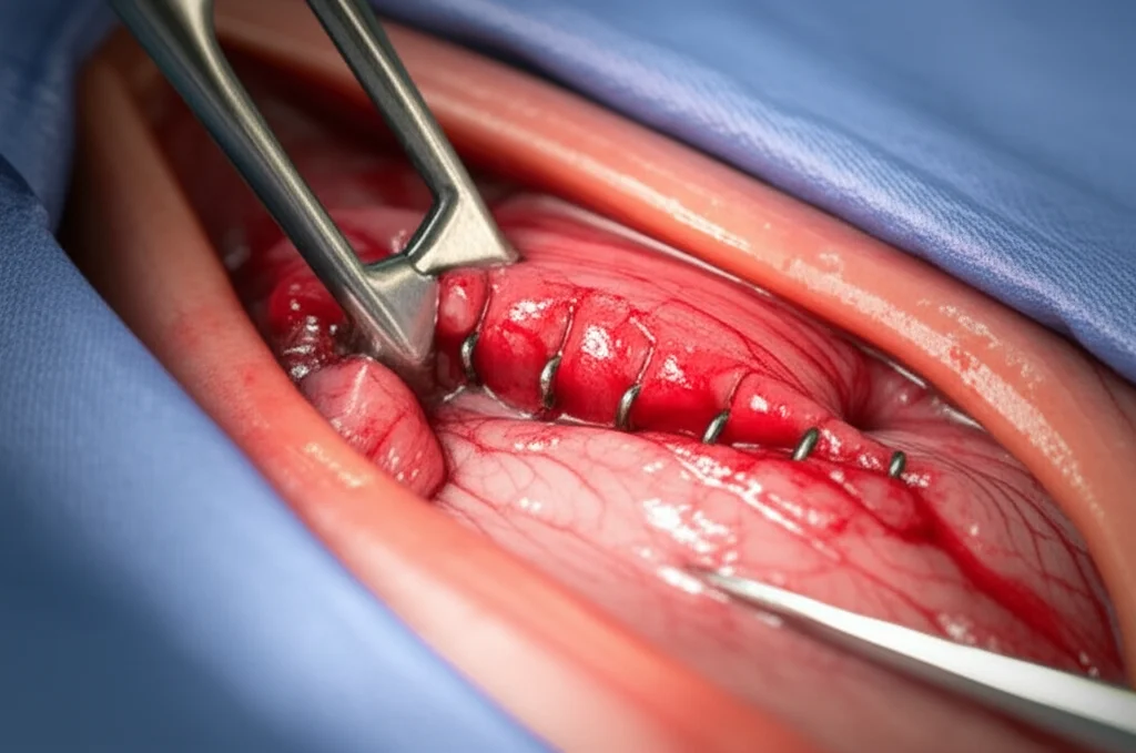 Macro lens, 100mm, precise focusing, controlled lighting, sterile surgical field showing a stapled duodenal stump after gastrectomy.