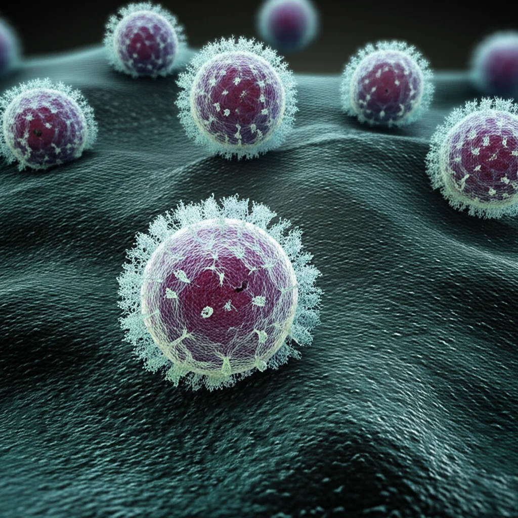 Transmission electron microscope view of tiny spherical vesicles, identified as exosomes, macro lens, 105mm, high detail, precise focusing.