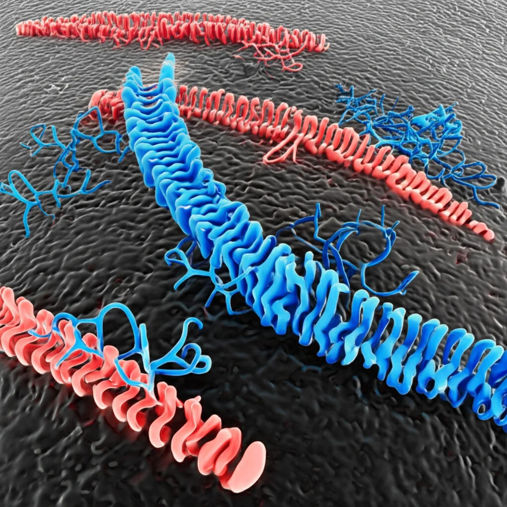 Macro lens, 105mm, high detail, precise focusing, controlled lighting, a microscopic view of a cell nucleus with DNA strands showing red methylation markers and blue microRNA molecules.