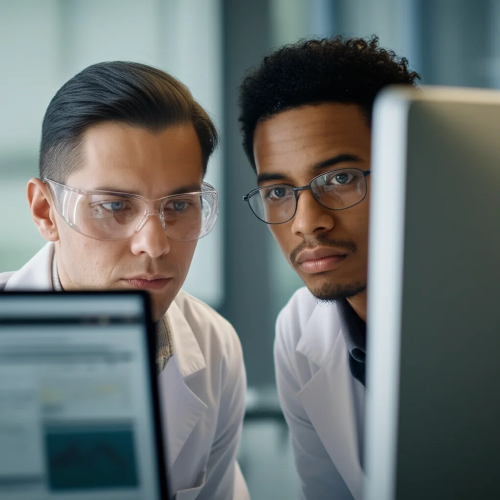 Zoom lens, 35mm portrait, depth of field, controlled lighting, two researchers looking intently at data on a computer screen in a lab, graphs visible showing significant differences.