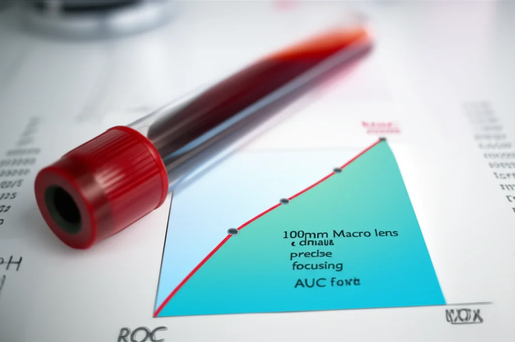 Objects, 100mm Macro lens, high detail, precise focusing, controlled lighting, a blood sample tube next to a stylized graph showing a steep ROC curve with a high AUC value.