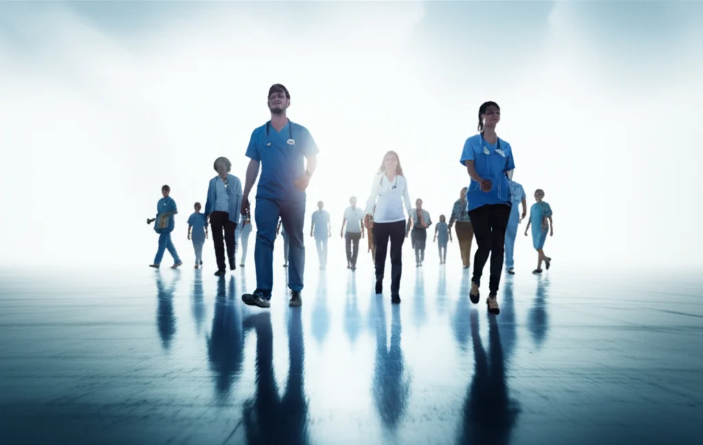 Wide-angle lens, 24mm, sharp focus, controlled lighting, a diverse group of people walking towards a bright horizon, symbolizing hope and future medical advancements.