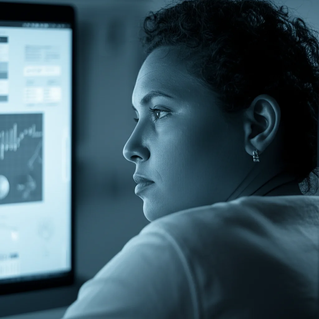 A thoughtful person looking at health data on a screen, 35mm portrait, depth of field, blue and grey duotones