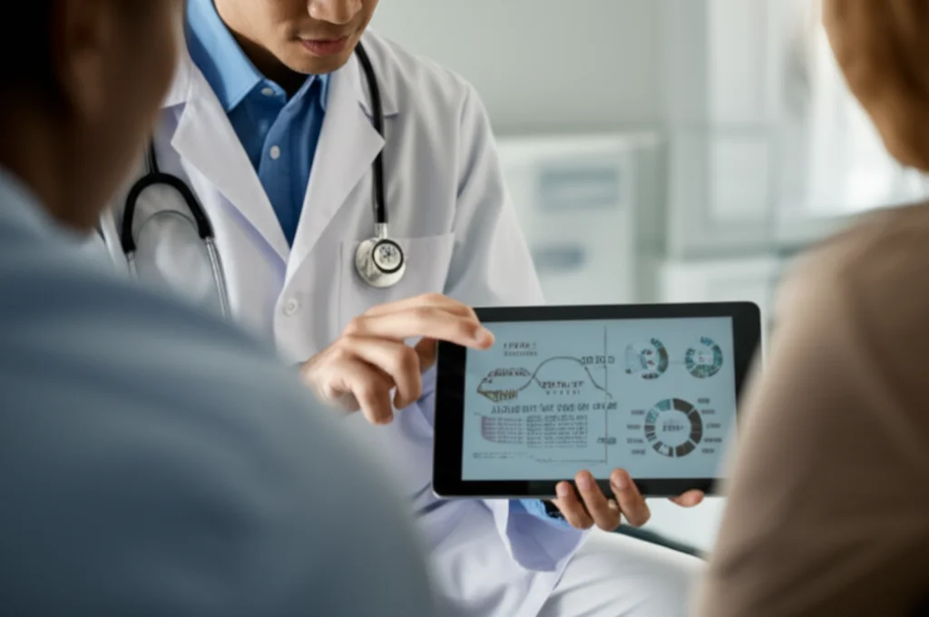 A doctor and patient discussing health data on a tablet screen, 35mm portrait, controlled lighting, depth of field
