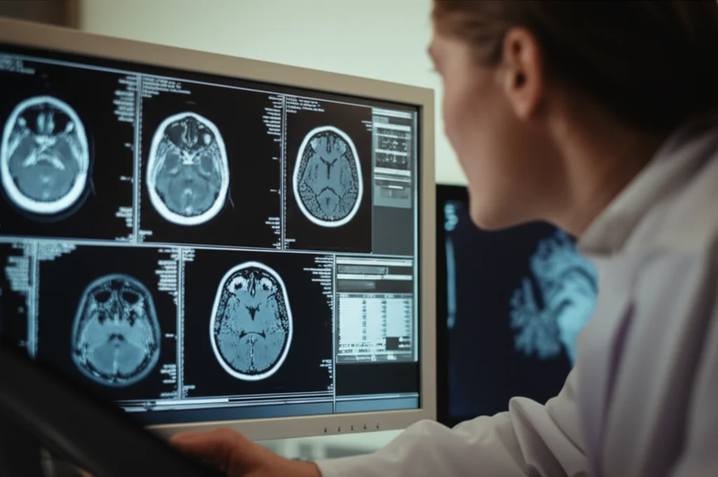 A radiological technologist carefully reviewing brain MRI scans on a monitor, macro lens, 60mm, high detail, precise focusing, controlled lighting.