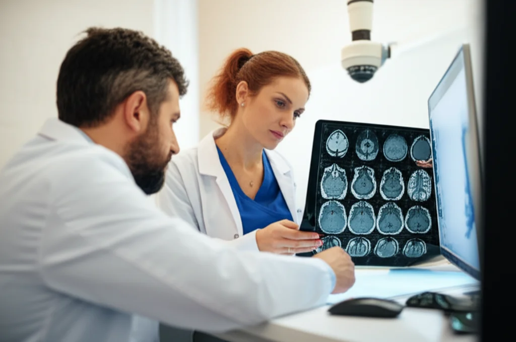 A radiologist and a radiological technologist discussing a brain MRI scan on a light box, 35mm portrait, depth of field.