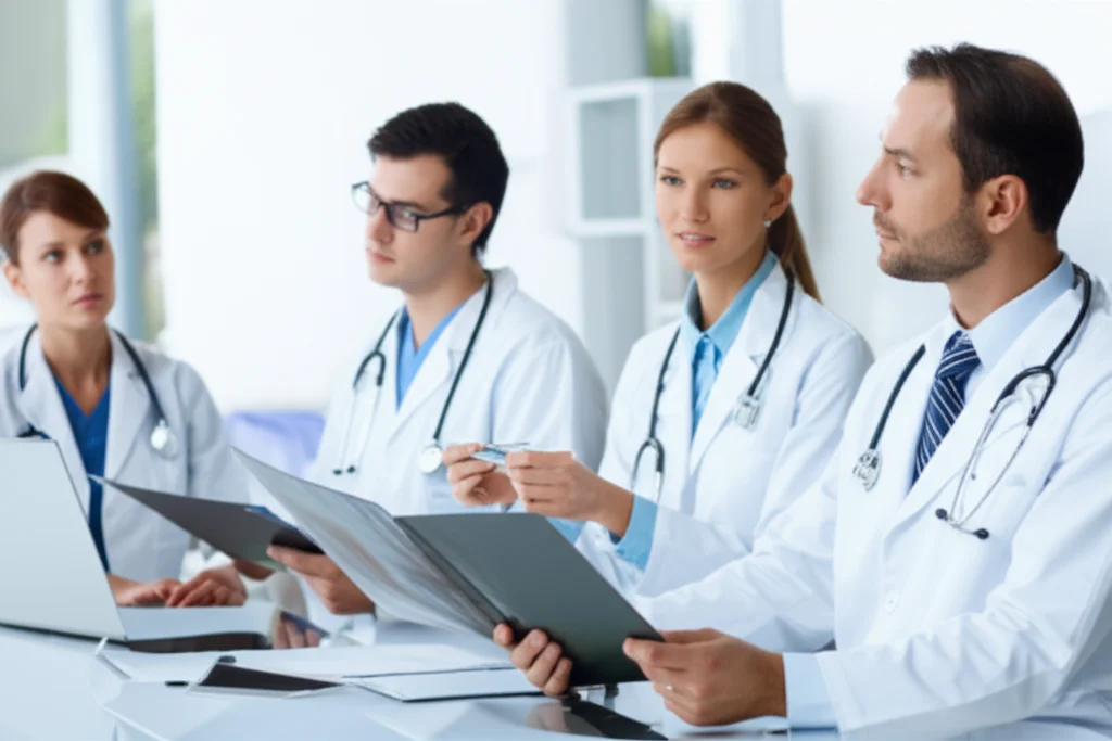 A diverse group of medical professionals attending a training session on medical imaging, wide-angle 24mm, sharp focus.