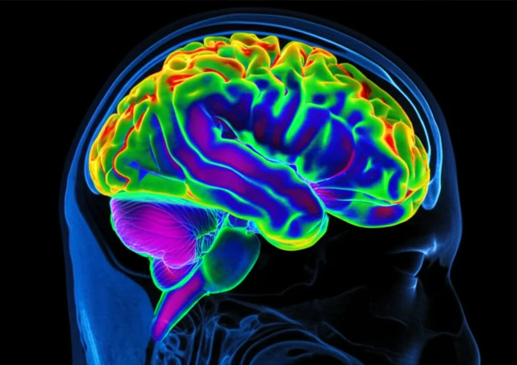 Photorealistic render of a human brain scan showing areas of high and low metabolic activity, contrasted with areas of neuronal activity, 100mm Macro lens, high detail, controlled lighting.