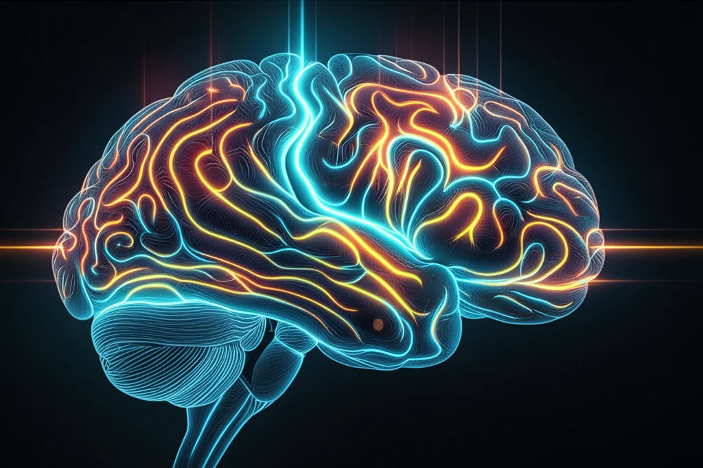 Abstract visual representation of energy flow pathways in the brain, showing disruption or reduced coupling in specific regions, symbolic, high detail, controlled lighting.