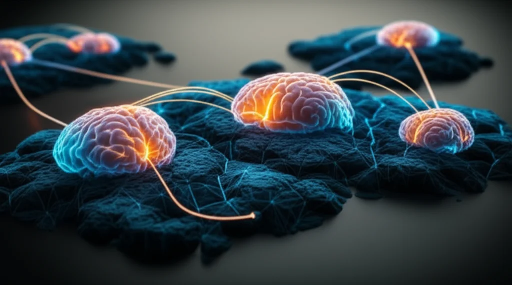 Wide-angle landscape view of abstract brain regions connected by glowing pathways, symbolizing complex network interactions, 10mm, sharp focus.