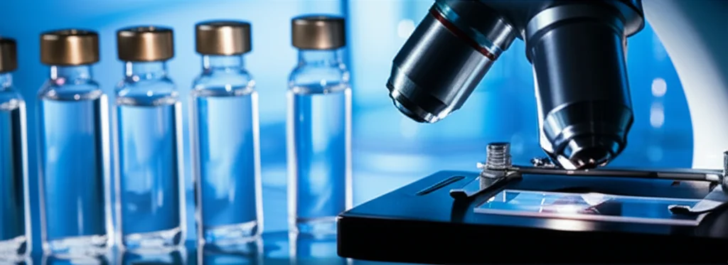 A close-up, high detail shot of medical vials and a microscope slide under controlled lighting, suggesting laboratory analysis of cerebrospinal fluid.