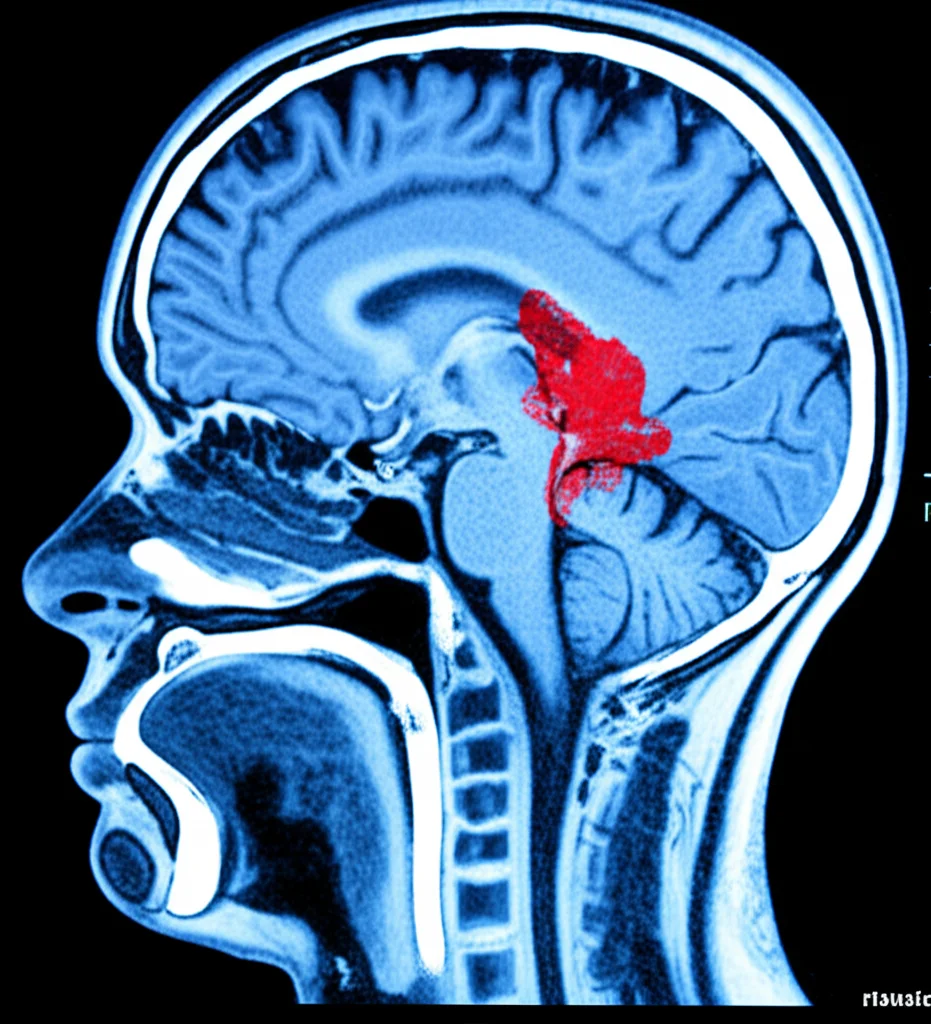 A photorealistic image of a brain CT scan showing a hemorrhage in the parietal area, with high detail and precise focusing.