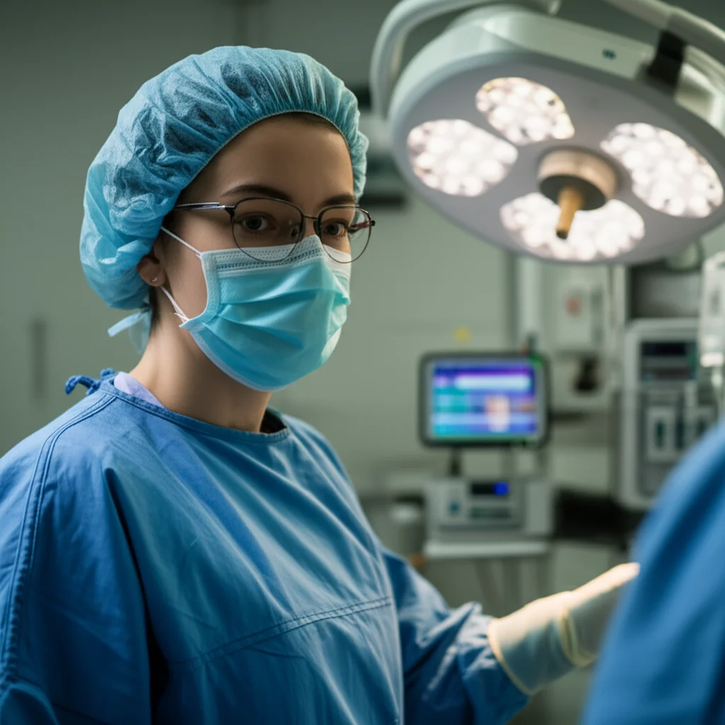 A portrait-style image (35mm lens, depth of field) depicting the concept of medical care in a hospital setting, focusing on the clinical environment rather than a specific person.