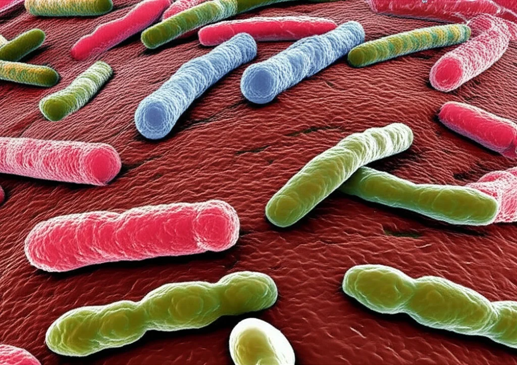 Photorealistic macro lens 105mm image of diverse gut bacteria, high detail, precise focusing, controlled lighting.