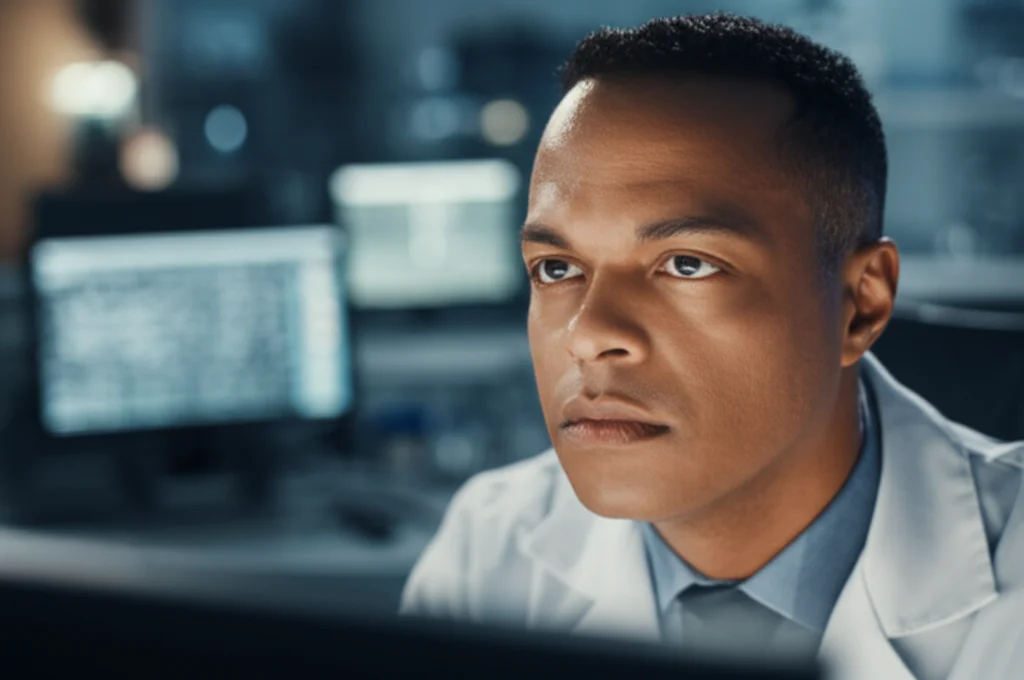 Photorealistic portrait photography 35mm of a scientist examining complex data patterns on a monitor in a modern laboratory setting, depth of field.