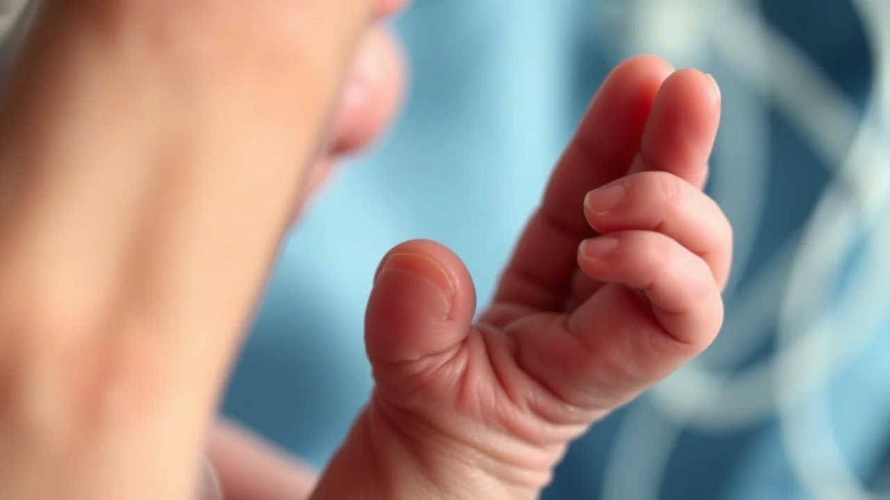 Photorealistic image of a tiny preterm baby's hand gently holding an adult finger, with medical tubing visible in the soft focus background. Portrait photography, 35mm portrait, depth of field, blue and grey duotones.