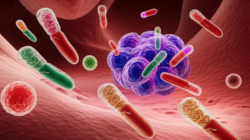 Photorealistic image of various colorful nanoparticles, some spherical, some rod-shaped, carrying different colored payloads, moving through a complex network of blood vessels towards a cluster of irregularly shaped cancer cells. High detail, precise focusing, controlled lighting.