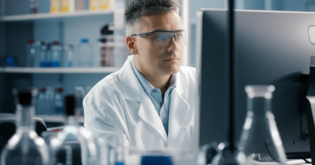 Photorealistic image of a researcher in a lab coat looking at data on a computer screen, with blurred lab equipment like pipettes and tubes in the background. Objects, still life, high detail, controlled lighting.