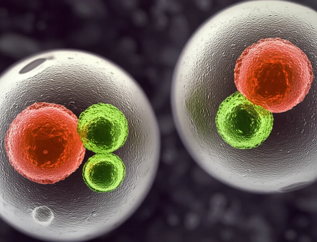 Photorealistic macro image showing a single spherical nanoparticle containing two different colored molecules inside. It is positioned next to a second, identical nanoparticle containing only one of the colored molecules. High detail, precise focusing, controlled lighting.