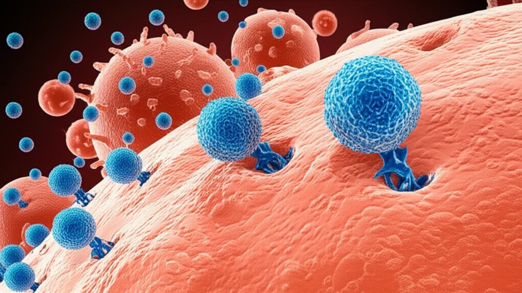 Photorealistic image showing a variety of nanoparticles interacting with a cancer cell. Some nanoparticles are entering the cell, while others are interacting with surface receptors. Some are also being taken up by larger immune cells nearby. Macro lens, high detail, controlled lighting.