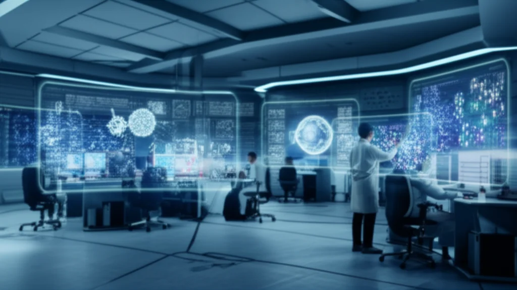Photorealistic wide-angle view of a futuristic laboratory setting with scientists working on computers and looking at screens displaying complex data visualizations of nanoparticles and cellular interactions. Long exposure times, sharp focus.