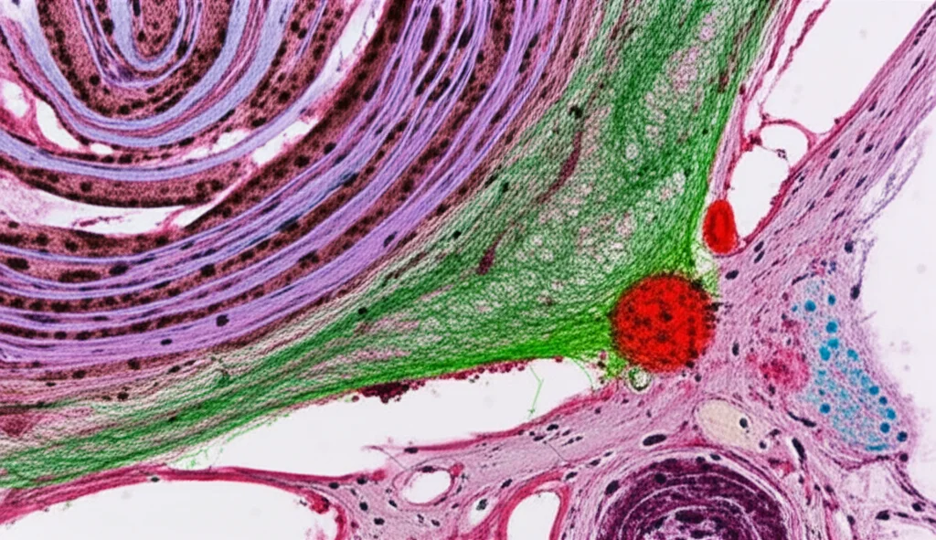 Photorealistic image, macro lens, 60mm, high detail, precise focusing, controlled lighting, showing stained breast tissue under a microscope, highlighting fibroblasts (perhaps in green) and macrophages (perhaps in red) interacting within the tissue structure.