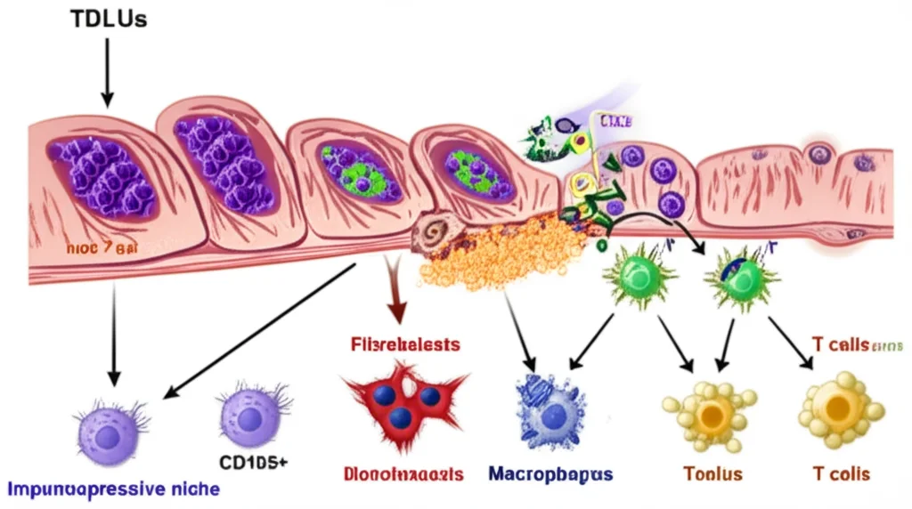 Photorealistic image, wide-angle lens, 24mm, sharp focus, showing a stylized diagram illustrating the breast microenvironment, with TDLUs, fibroblasts (CD105+ highlighted), macrophages, and T cells, depicting their interactions and the concept of an immunosuppressive niche.