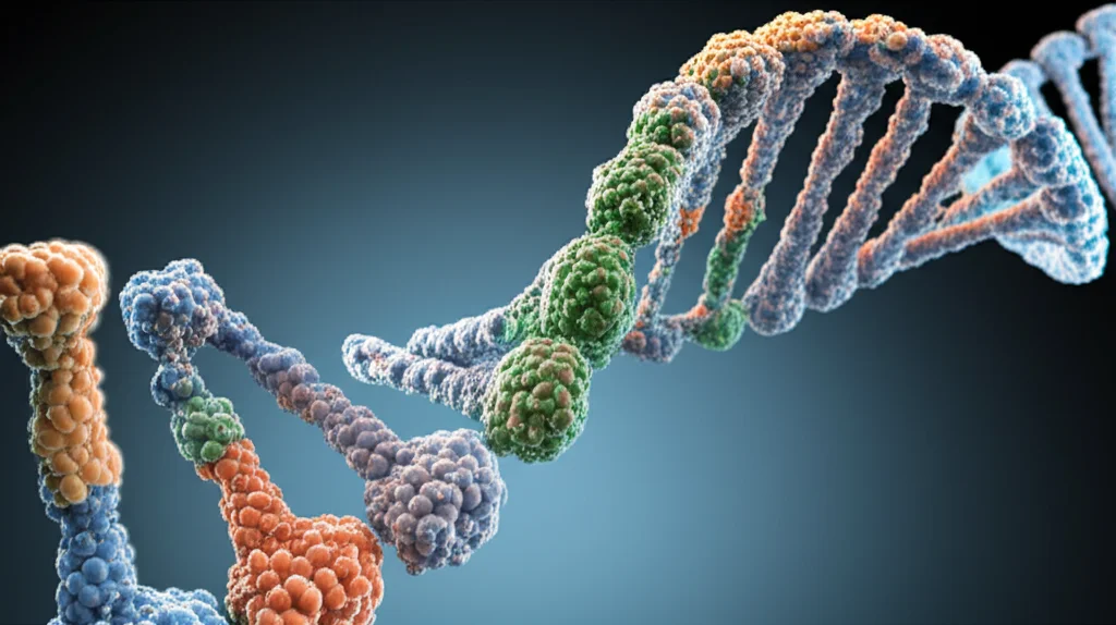 Abstract representation of DNA double helix and associated proteins, illustrating epigenetic regulation and gene transcription, macro lens, 60mm, high detail, controlled lighting.