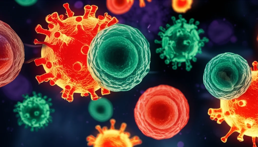 Conceptual image depicting immune cells actively confronting viral particles, illustrating the antiviral response, fast shutter speed, movement tracking.