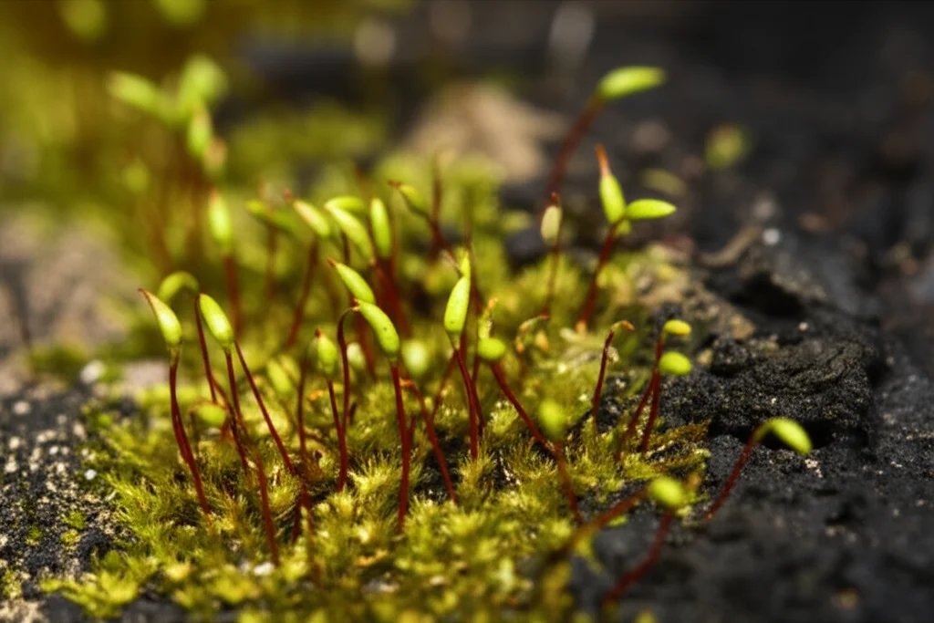 macro lens 60mm, high detail, precise focusing, controlled lighting, close up on a patch of vibrant green moss and small seedlings pushing through charred soil