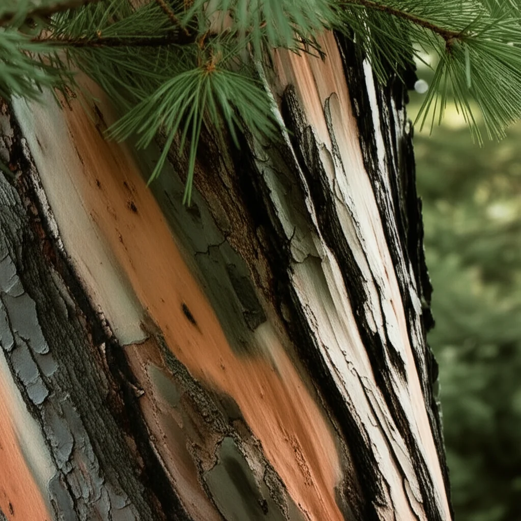 35mm portrait, depth of field, duotone (green and brown), close up on the bark of a mature conifer tree showing fire scars and healthy needles above