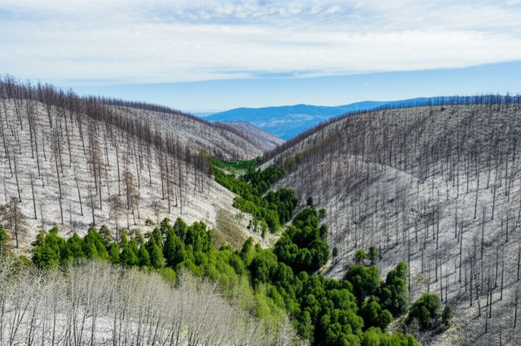 wide angle 24mm, long exposure, sharp focus, view across a valley showing patches of healthy green forest interspersed with large areas of grey, dead trees after a fire