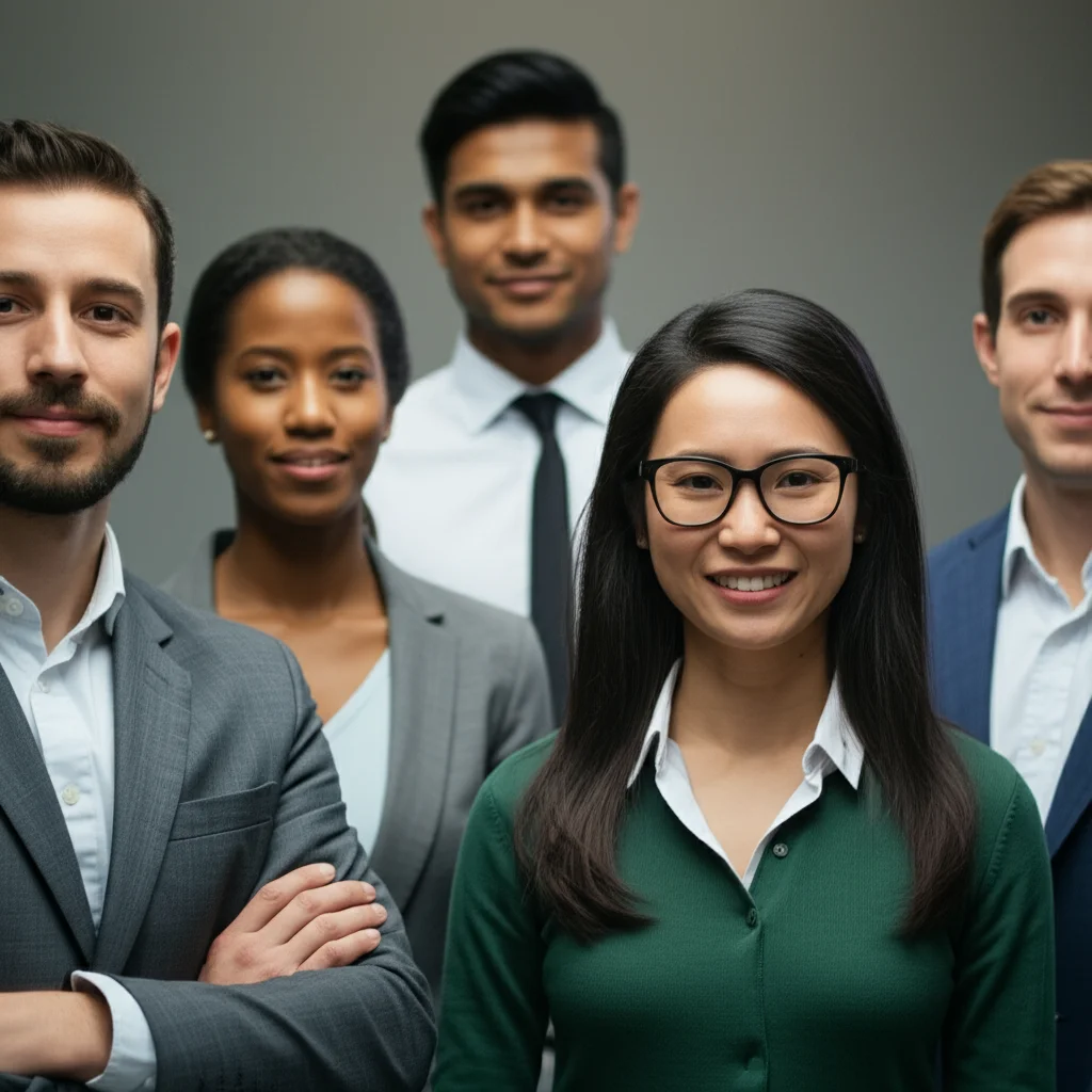 Diverse group of people representing a population study, 35mm portrait, depth of field.