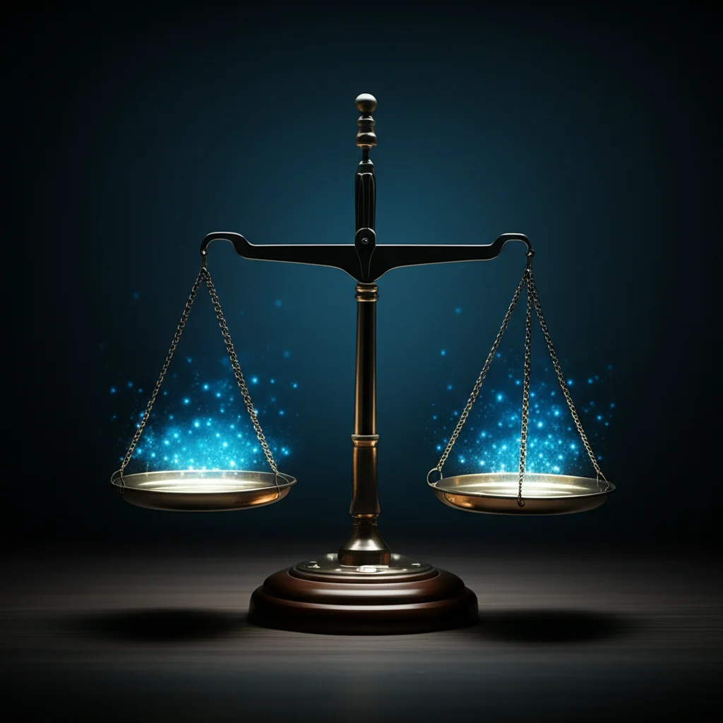 Concept image of balancing scales with data points, controlled lighting, 100mm Macro lens.