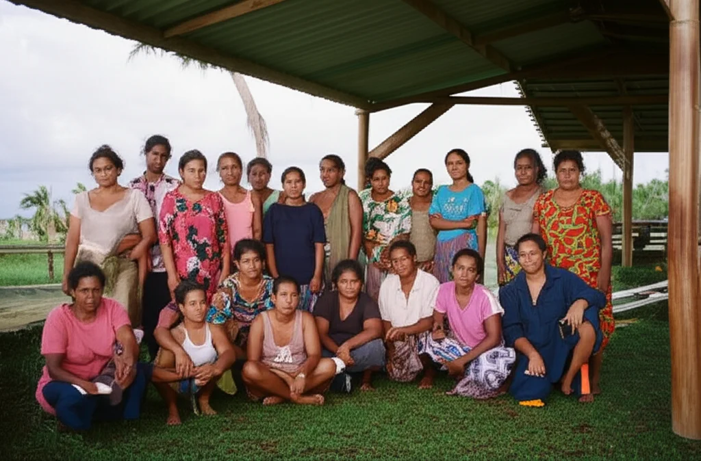 A group of women and men from a Pacific island community gathered under a temporary shelter after a storm, 35mm portrait, depth of field, showing resilience and mutual support.