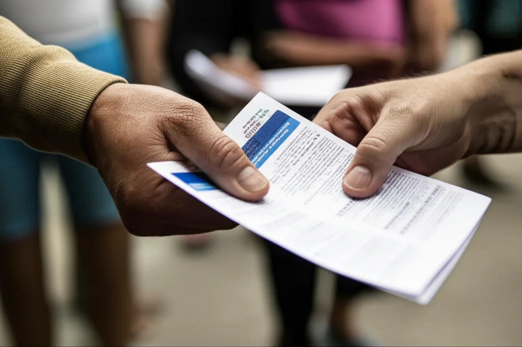 A detailed shot of hands exchanging information leaflets in a community setting, macro lens, 60mm, high detail, precise focusing, controlled lighting.