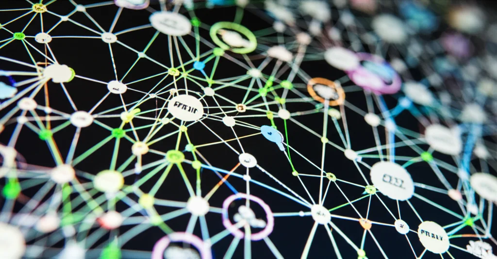 Photorealistic image of a complex biological network graph on a screen, showing interconnected nodes representing genes and proteins, with some nodes highlighted, macro lens, 60mm, high detail, precise focusing, controlled lighting.