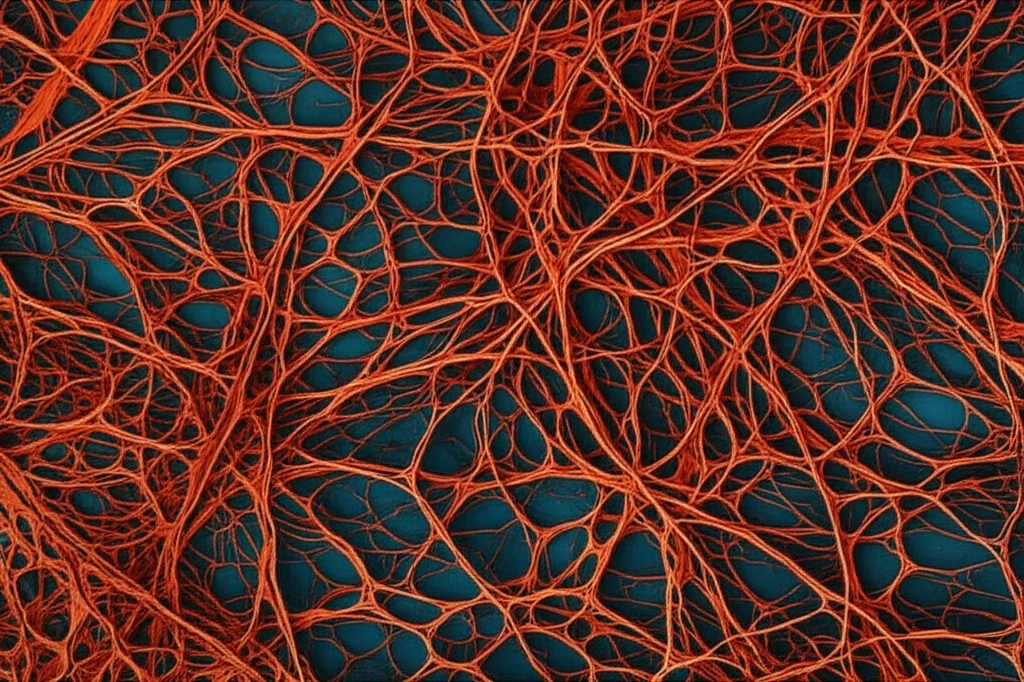 Photorealistic image showing a microscopic view of cellular structures, focusing on the cytoskeleton with intricate actin filaments, macro lens, 105mm, high detail, precise focusing, controlled lighting.