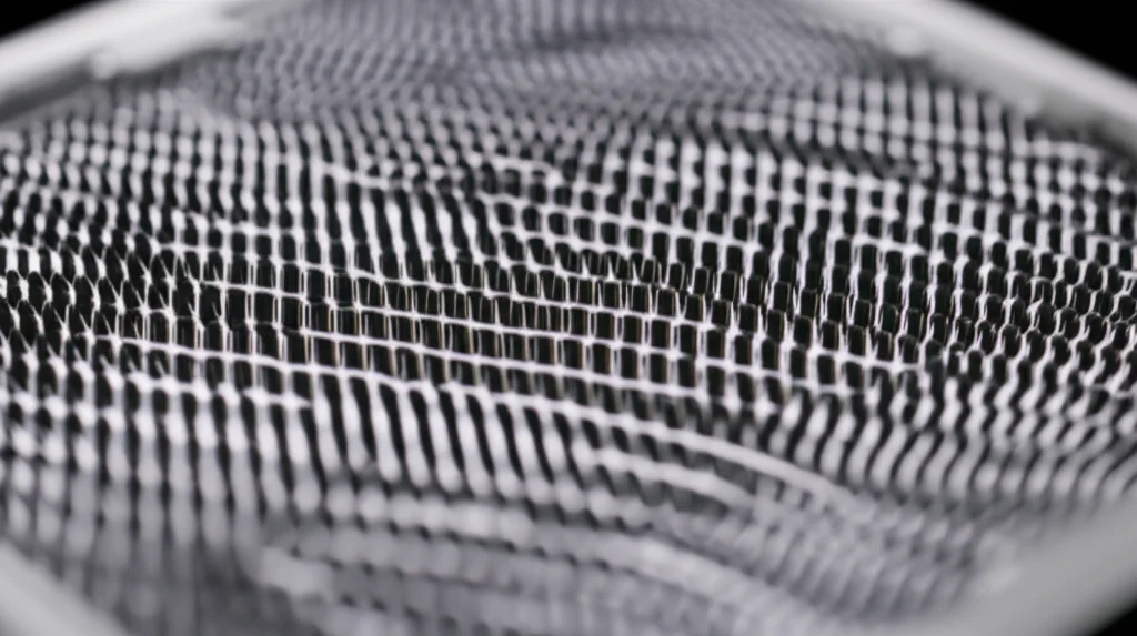 Photorealistic macro shot of a microscopic photonic crystal structure, showing a periodic arrangement of silicon rods on a substrate, with subtle glowing lines indicating light paths within waveguides. Use macro lens, 60mm, high detail, precise focusing, controlled lighting.