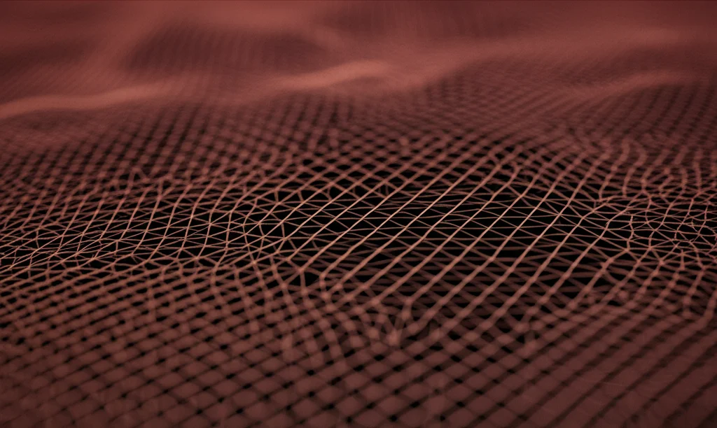 Abstract visualization of a topology optimization process, showing material distribution evolving on a mesh, high detail, precise focusing.