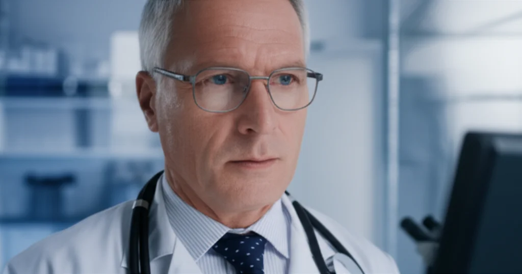Photorealistic portrait of a doctor reviewing test results on a screen, with a blurred background showing a modern laboratory setting. The focus is on the doctor's face, conveying a sense of precision and care in diagnosis. Use prime lens, 35mm, depth of field.