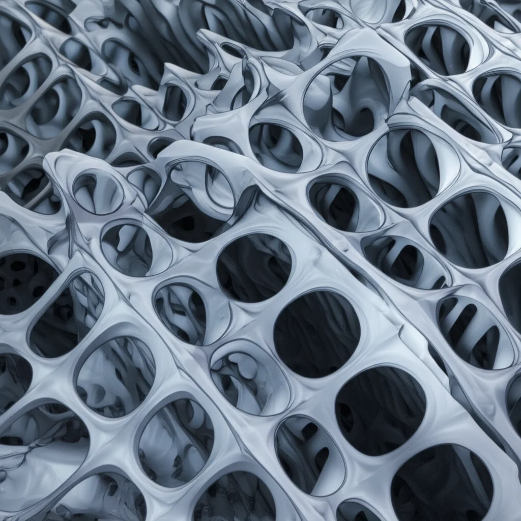 Photorealistic render of a lightweight, porous optimized structure designed for heat dissipation, showing intricate micro-details, 60mm Macro lens, high detail.