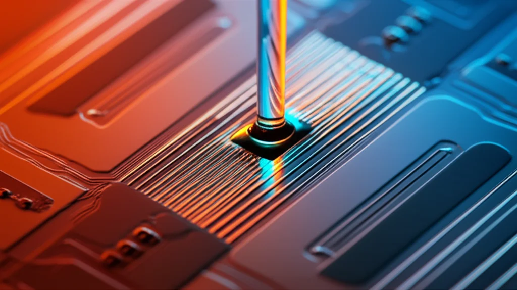 Photorealistic macro shot showing a microfluidic channel on a chip with fluid flowing through it, illuminated by light that changes color slightly as it interacts with the fluid, symbolizing the sensing process. Use macro lens, 60mm, high detail, precise focusing, controlled lighting.