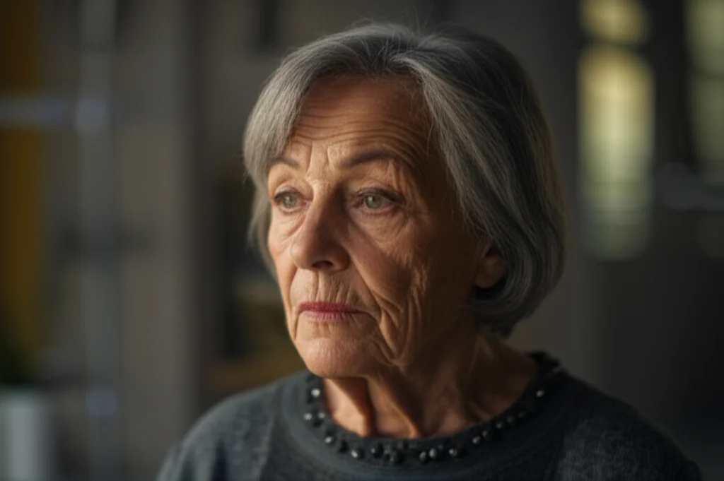 A close-up portrait of an older woman looking thoughtful, 35mm portrait, depth of field, controlled lighting